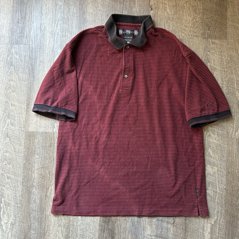 TIGER WOODS Sz M Nike Polo Golf Shirt Red/ Black Striped Single Stitch